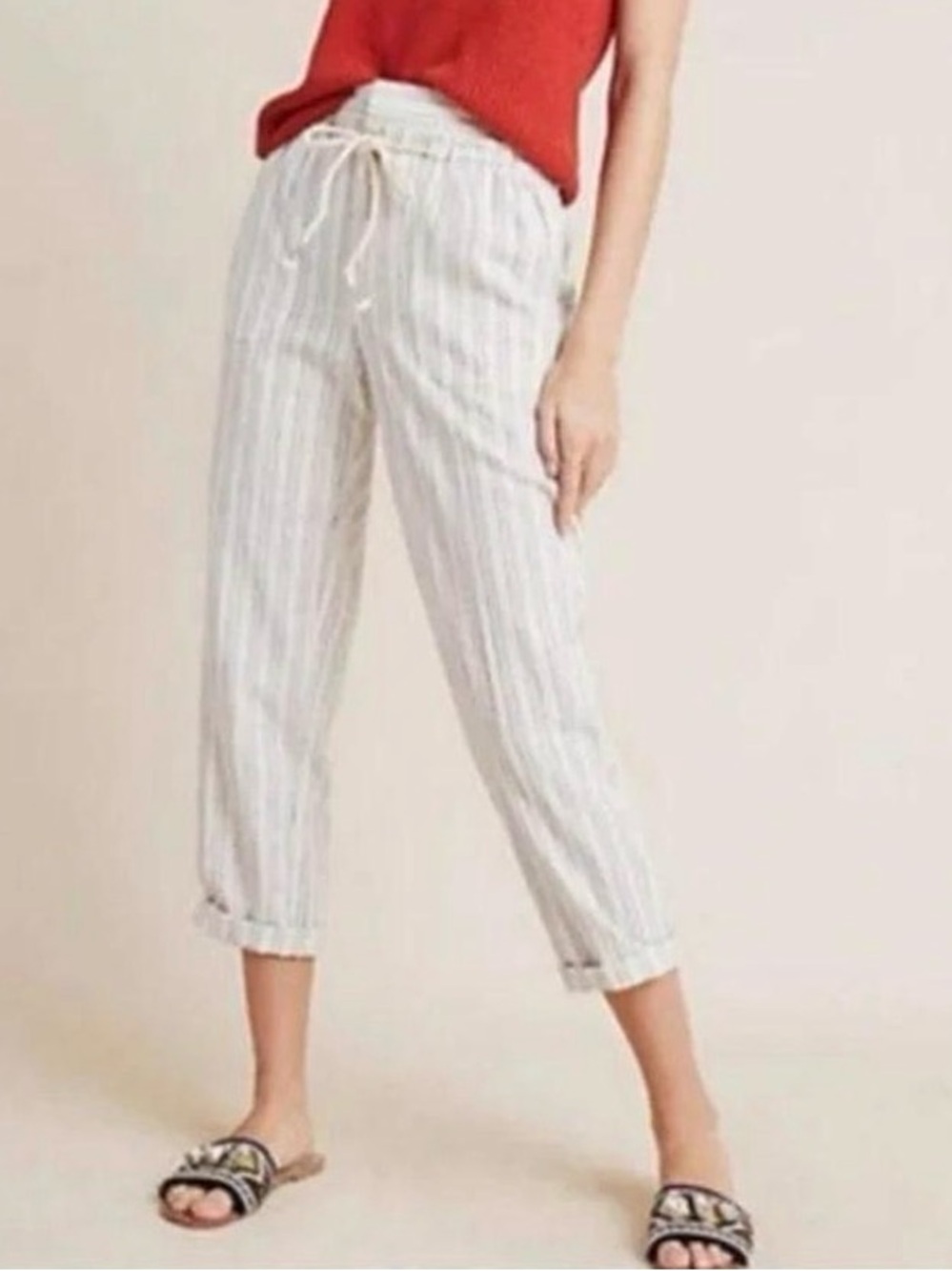 Anthropologie Linen Blend Striped Pants Neutral Drawstring Relaxed Fit Size 2P